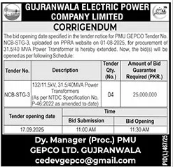 Gujranwala Electric Power Company Limited Tender Notice